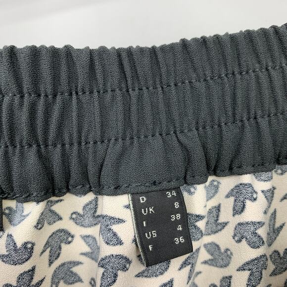 Esprit Wide Leg Pull On Pants Womens Sz 4 Cream Gray Bird Print Elastic Waist - Picture 5 of 7